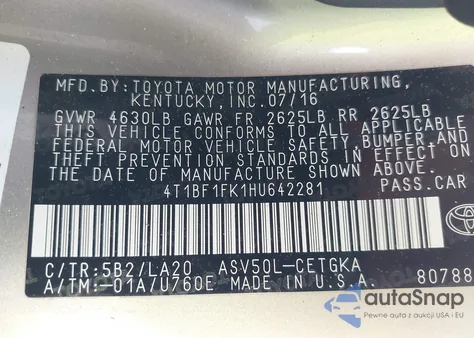 2017 Toyota Camry Xle from USA, damaged, VIN 4T1BF1FK1HU642281